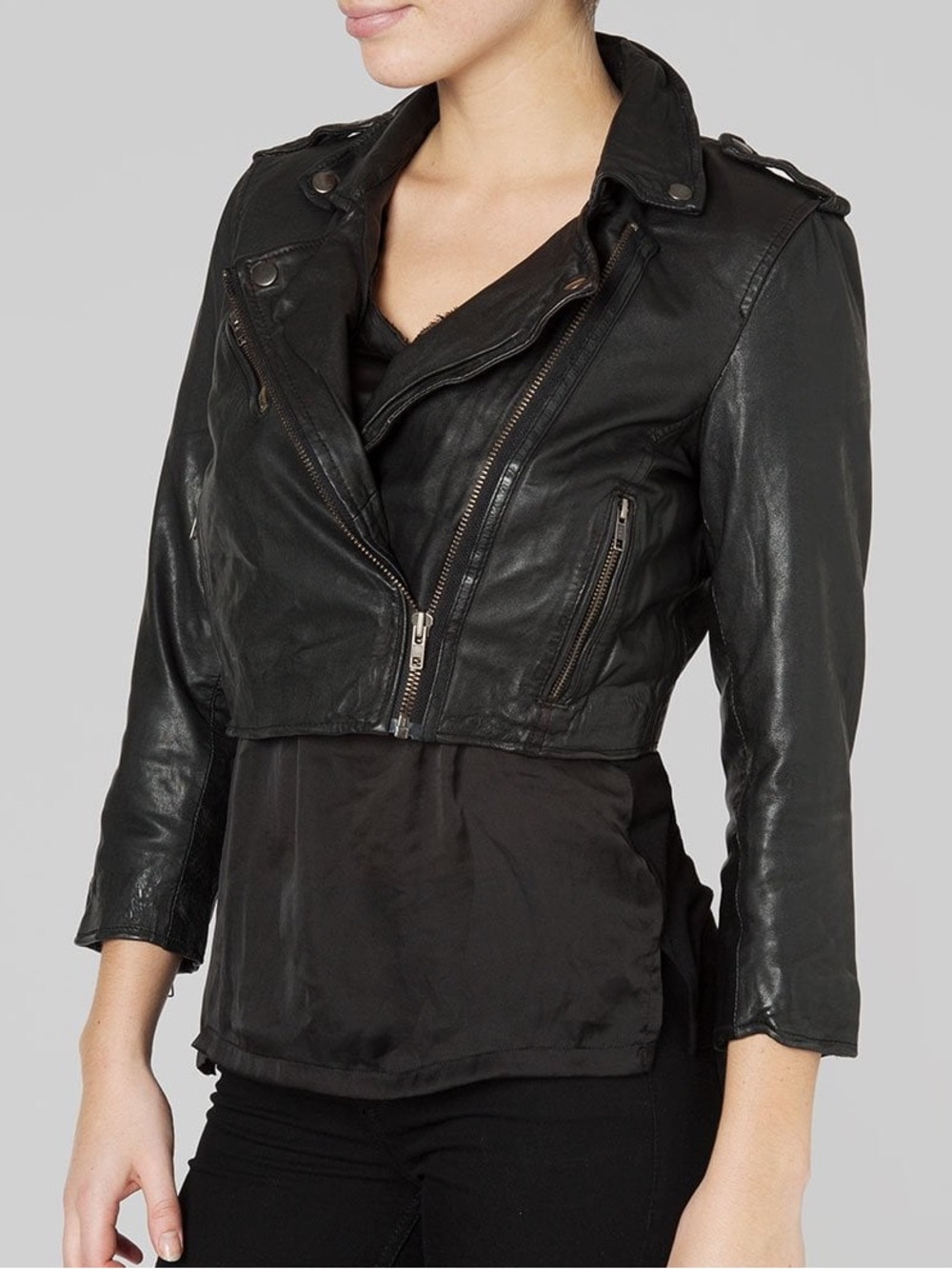 LAMBSKIN Muubaa Black Asymmetric Leather Biker Jacket with Silver Hardware.